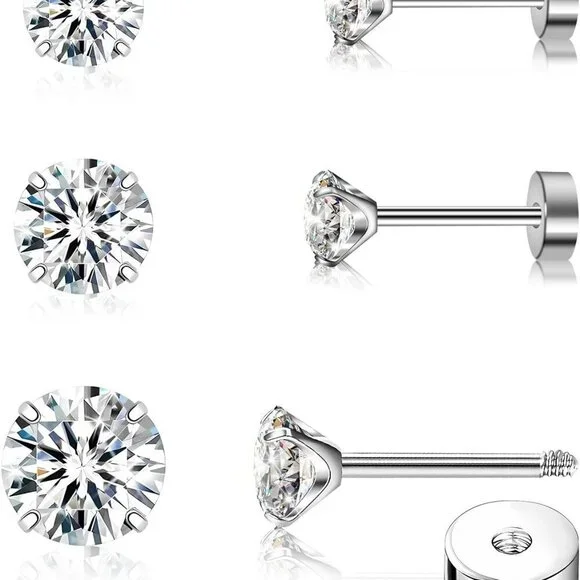 Flat Back Earrings Titanium CZ Stud 3 Pair Hypoallergenic Cartilage Jewelry - Picture 1 of 8